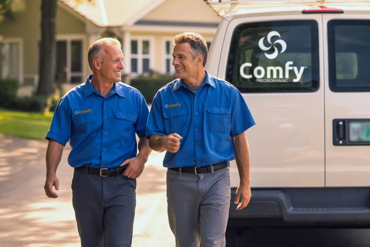 Two Comfy technicians walking together beside a service van